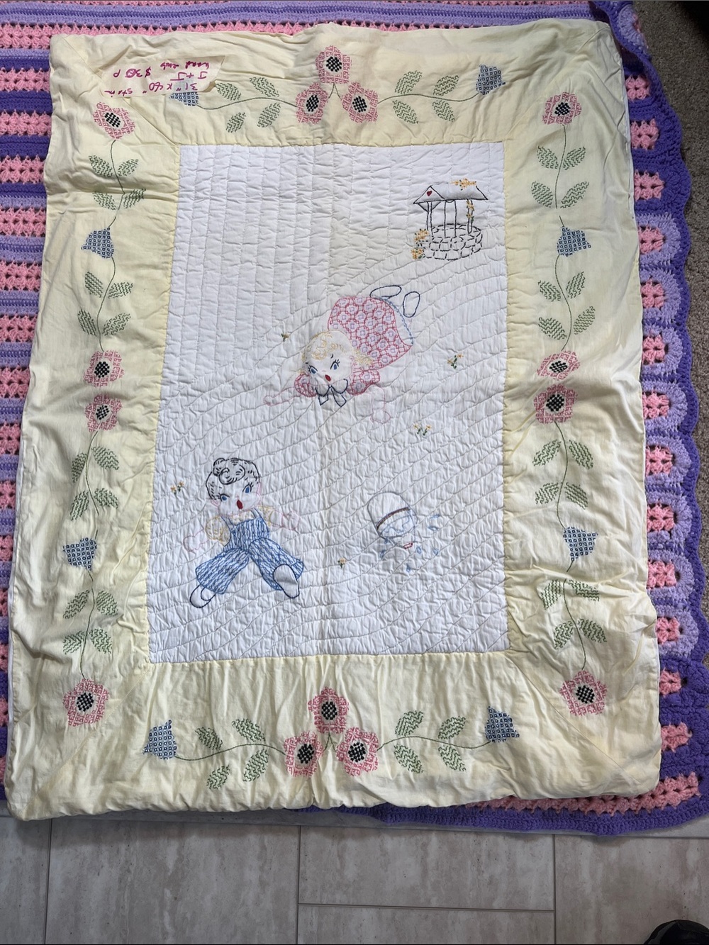 Vintage Embroidered Jack and Jill Baby Quilt in Cream, Pink and Blue